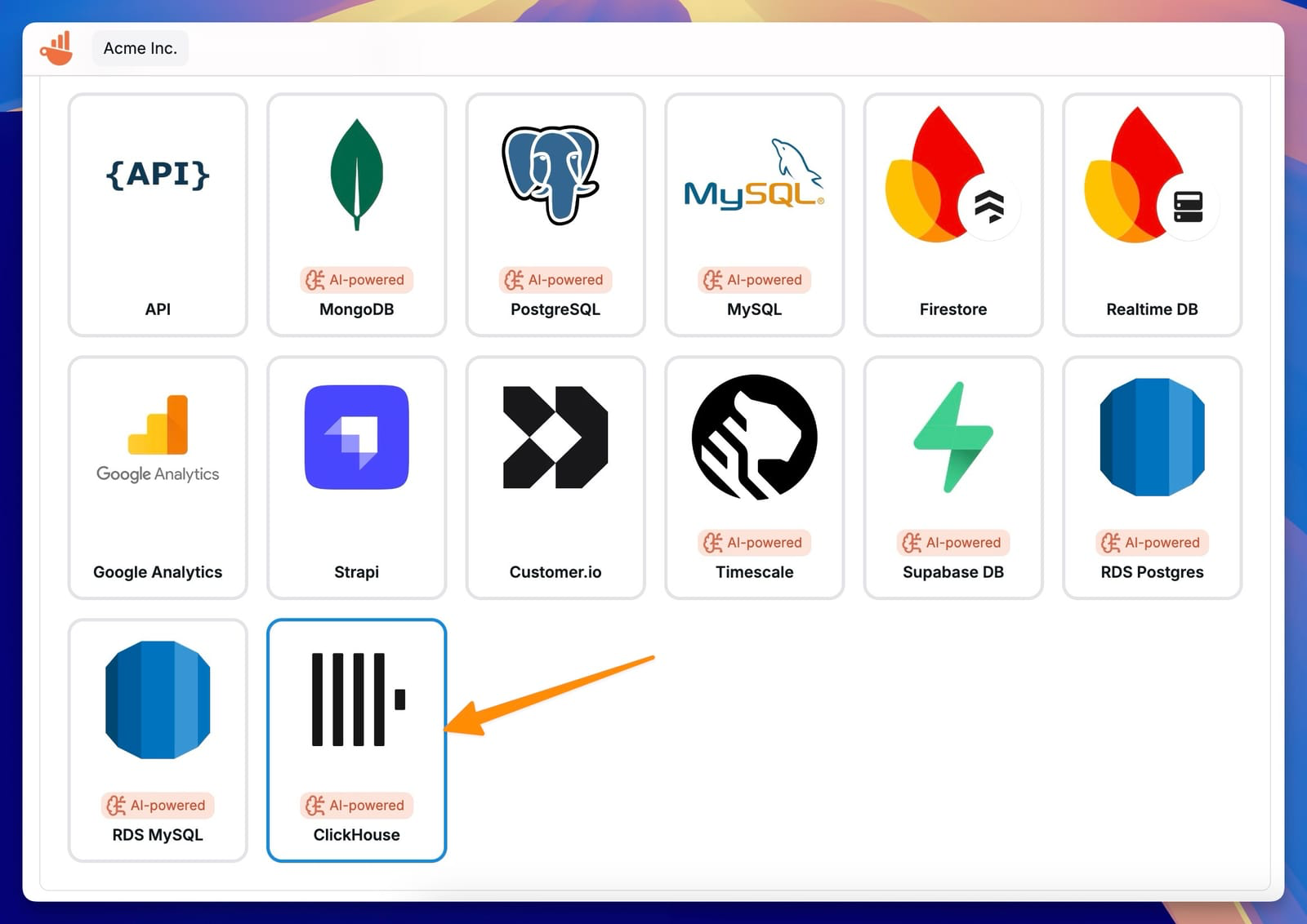 Select ClickHouse connection in Chartbrew - Zoomed