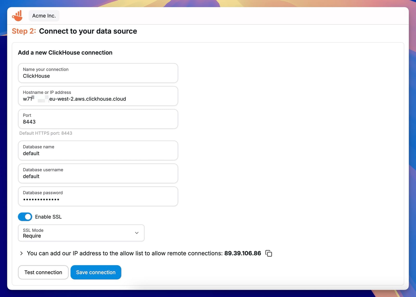 ClickHouse connection settings in Chartbrew - Zoomed