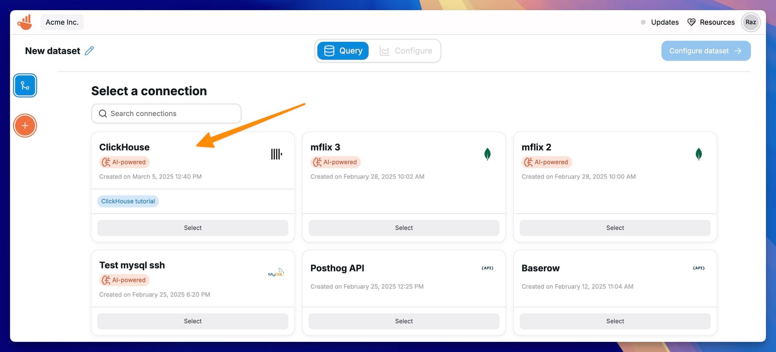 Select ClickHouse connection for dataset - Zoomed