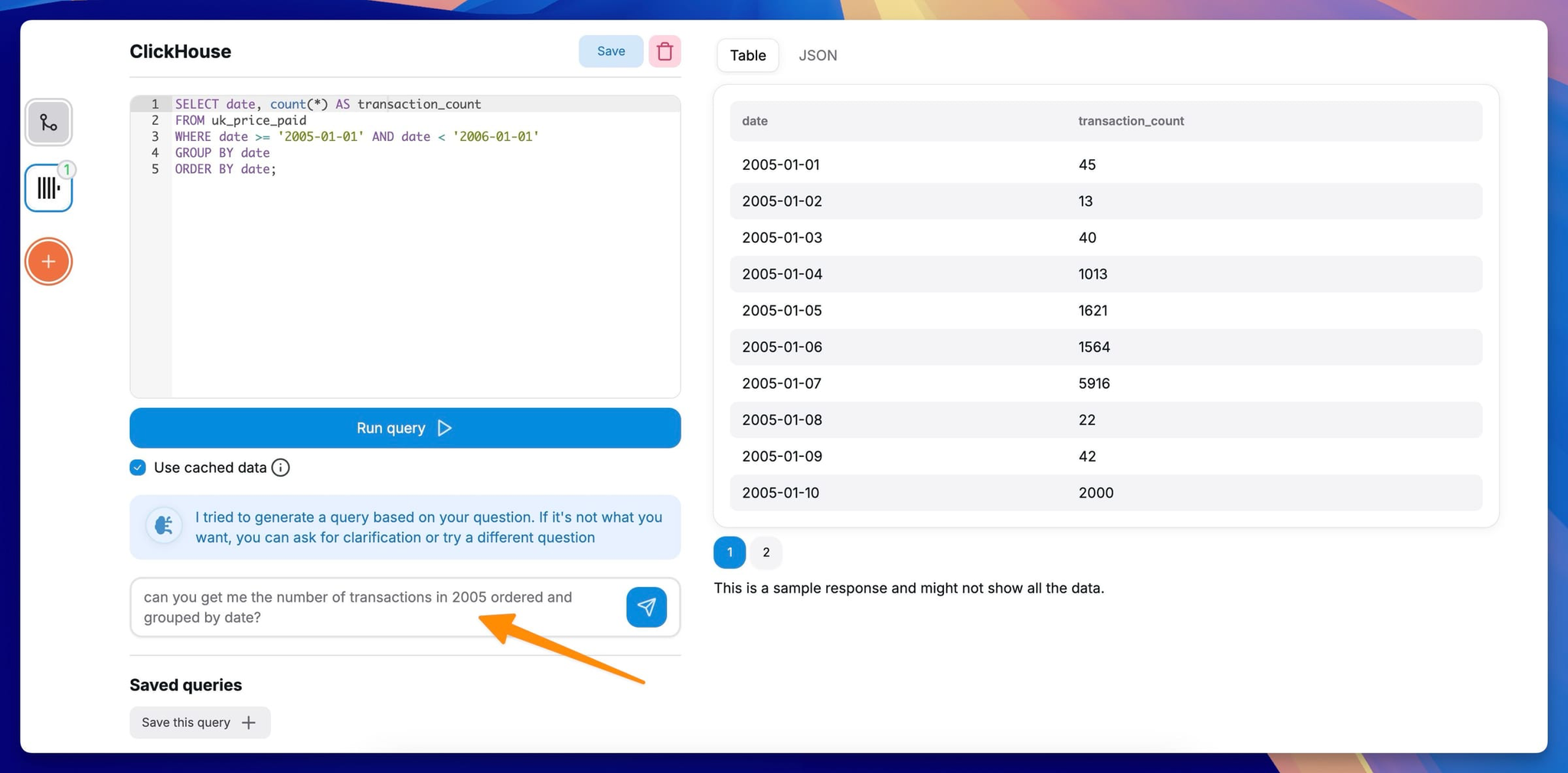 ClickHouse AI SQL assistant in Chartbrew - Zoomed