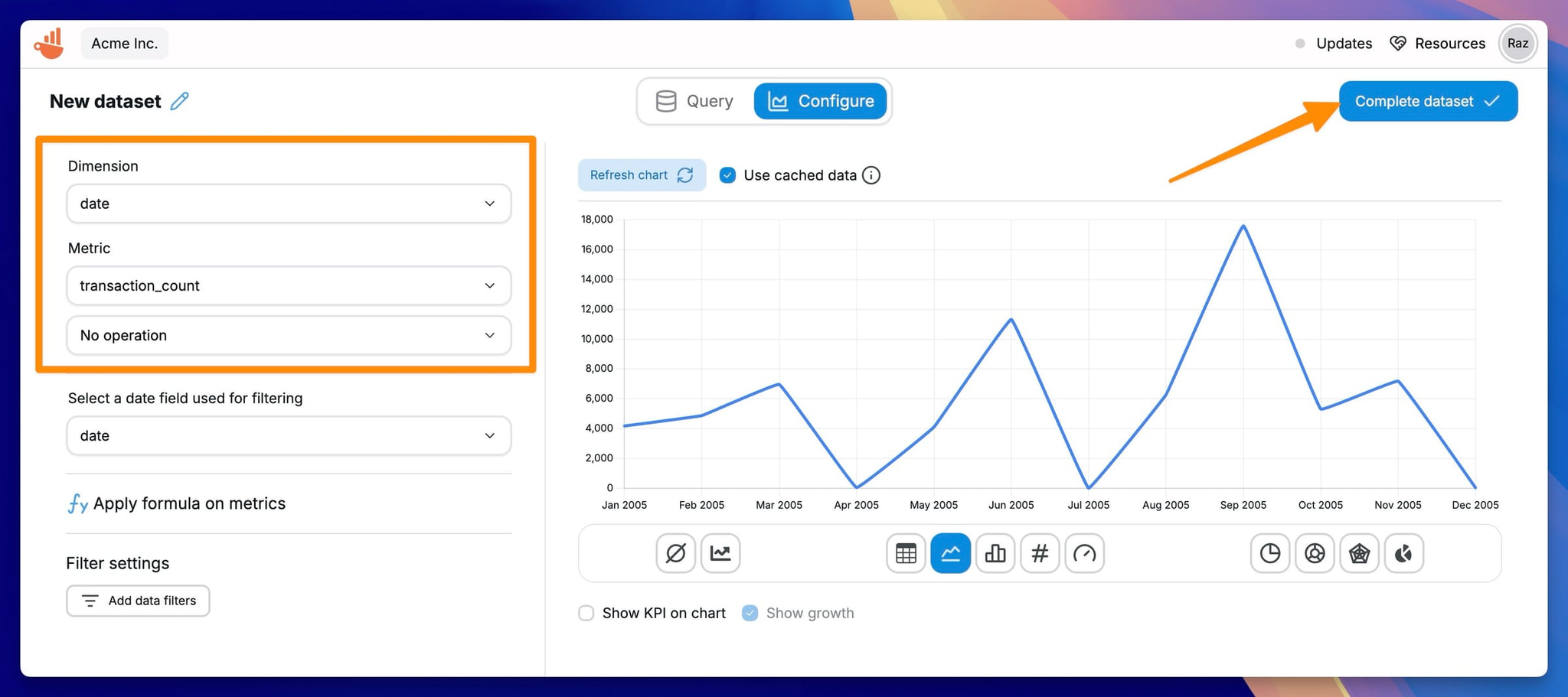 Chartbrew dashboard with ClickHouse data - Zoomed