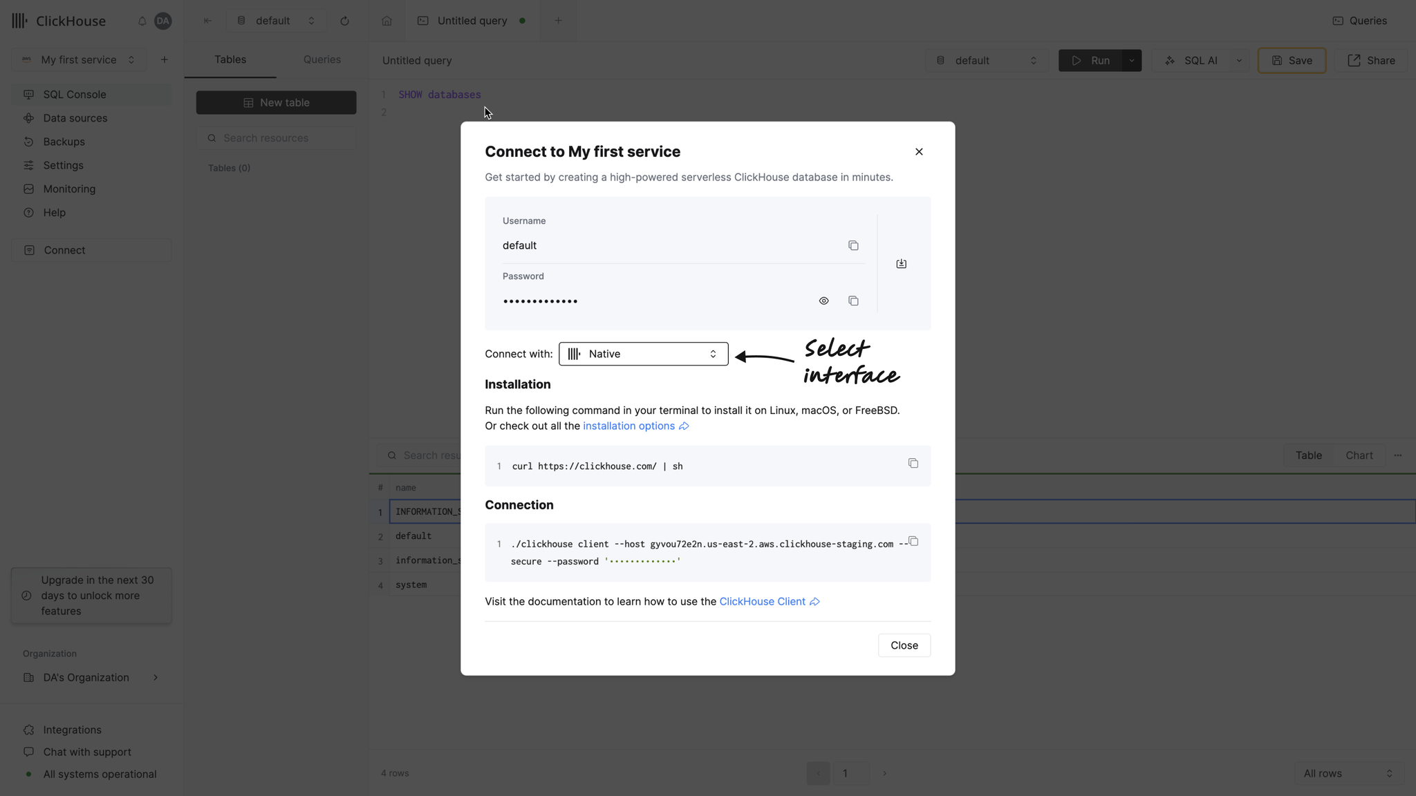 clickhouse client connection details - Zoomed