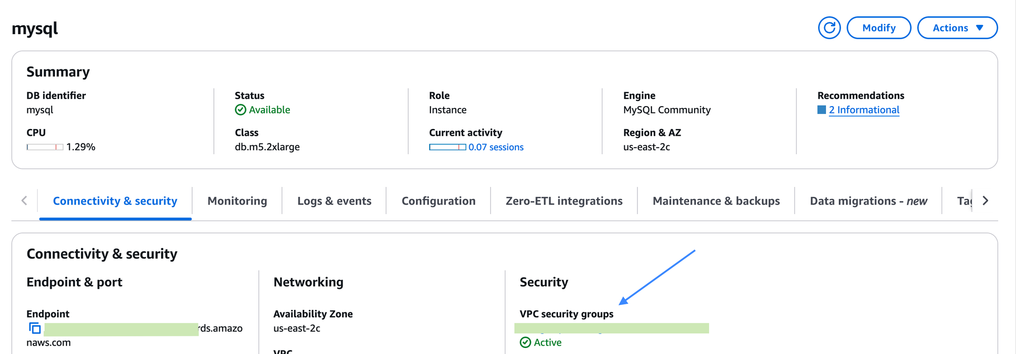 Where to find security group in RDS MySQL? - Zoomed